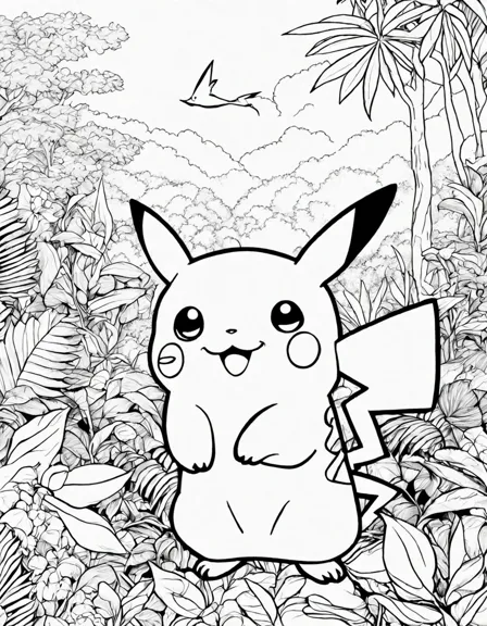 pikachu coloring page with trees, flowers, and sky to be colored in in black and white