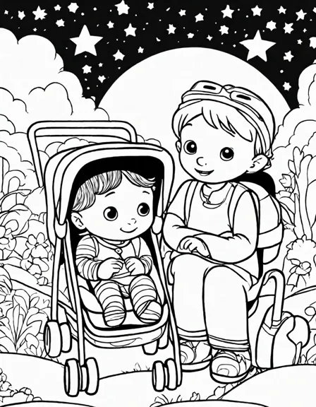 Coloring book image of cocomelon family gazes at a moonlit sky brimming with stars, fostering a sense of wonder and tranquility in black and white