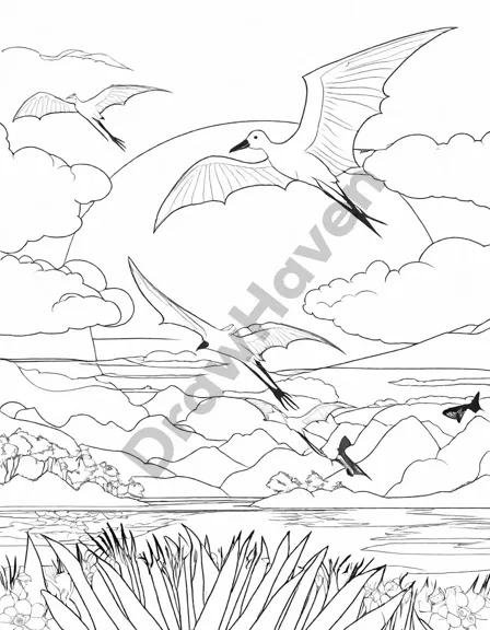 coloring page of pterodactyls flying at sunset with vibrant colors and long shadows in black and white