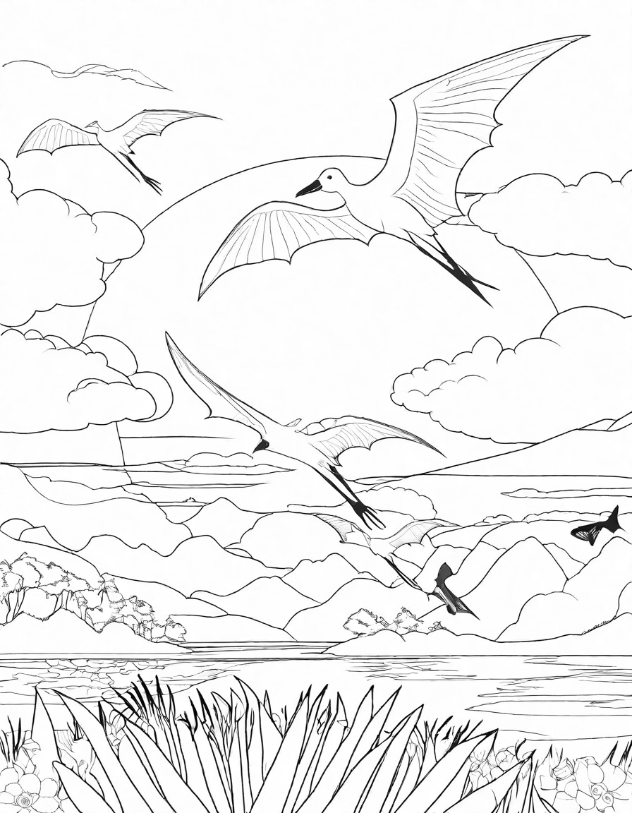coloring page of pterodactyls flying at sunset with vibrant colors and long shadows in black and white