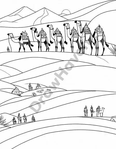 coloring book page of camels in a desert habitat at the zoo, ready for coloring in black and white