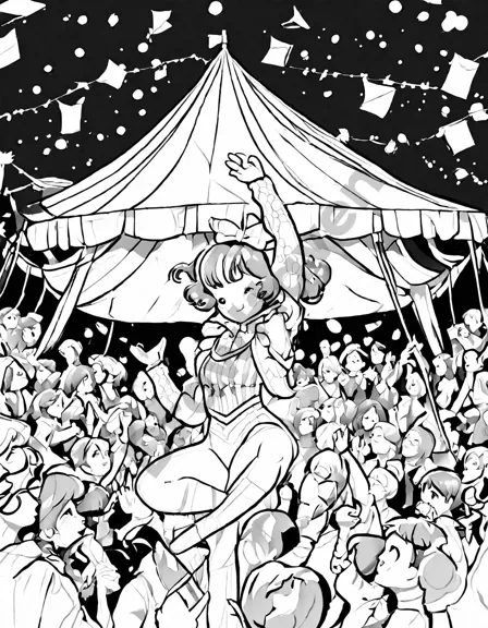 Coloring book image of trapeze artists performing in a circus tent with an enchanted audience below in black and white