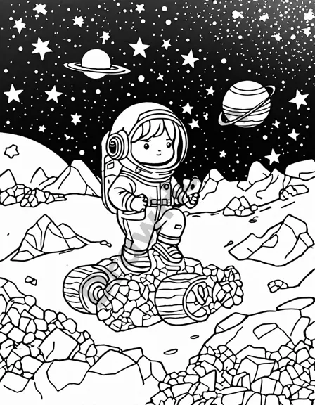 saturn's ring expedition coloring page with astronauts and spacecraft navigating saturn's rings in black and white