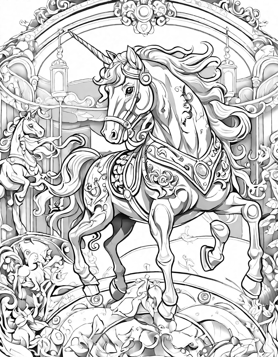 coloring page featuring magic carousel of dreams with horses and unicorns in a toy store in black and white