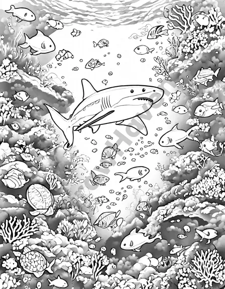 coloring book page of a solitary shark swimming through a pelagic parade of marine life with fish, sea turtles, and coral reefs in black and white