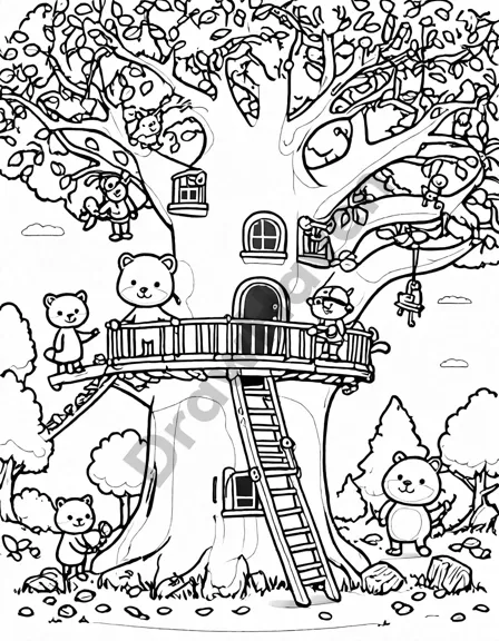 Coloring book image of children and animals build a treehouse in an oak, with ladders, ropes, and tools, featuring whimsical details in black and white
