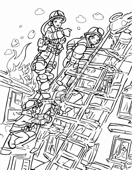 coloring book page of firefighters rescuing people from a blazing building with ladders and ropes in black and white
