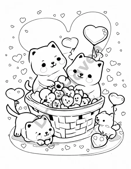 coloring book page with valentine's day puppies in a basket, heart tags, bows, roses, and chocolates in black and white