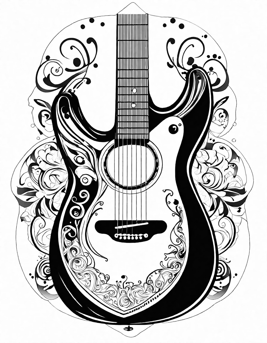 coloring book page featuring a variety of detailed guitars, from acoustic to electric in black and white