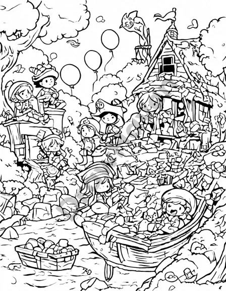 children dressed as pirates on a treasure hunt at a birthday party coloring page in black and white