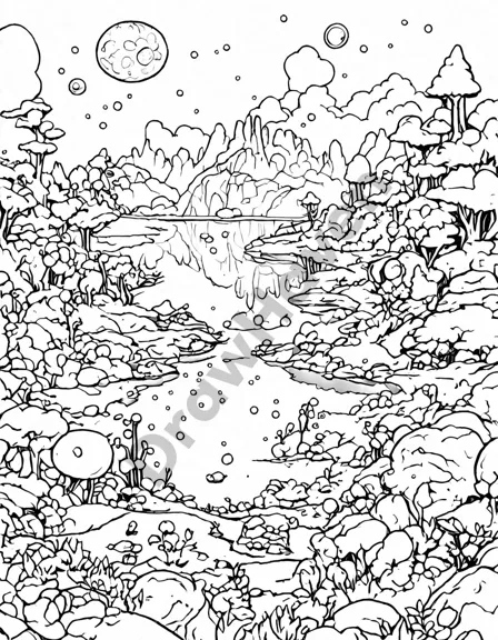 alien landscape coloring book: crystal formations, alien vegetation under three suns by a serene lake in black and white