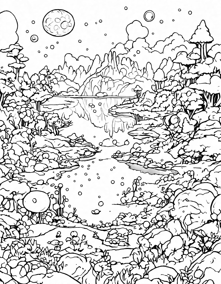 alien landscape coloring book: crystal formations, alien vegetation under three suns by a serene lake in black and white