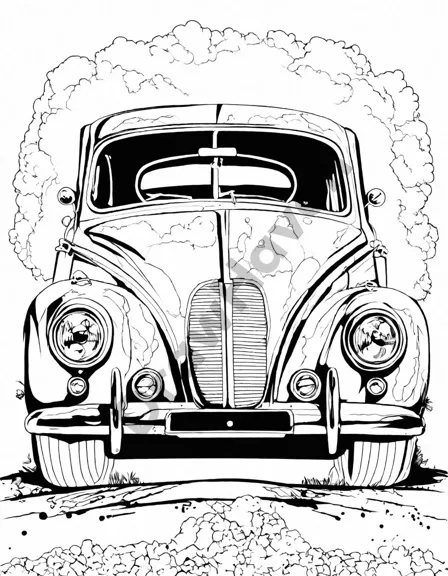 Coloring book image of forgotten beauties: restoring lost classic cars in black and white