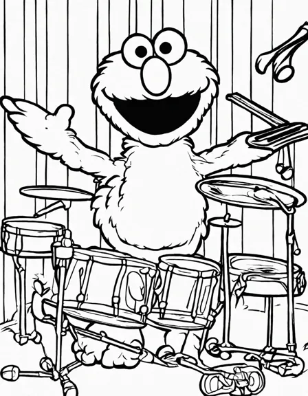 elmo coloring page with whimsical orchestra instruments in black and white