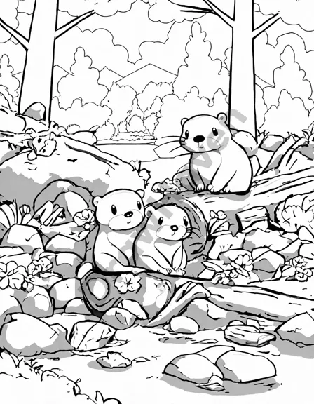 illustration of a beaver family building a dam together, surrounded by nature, for coloring enthusiasts in black and white