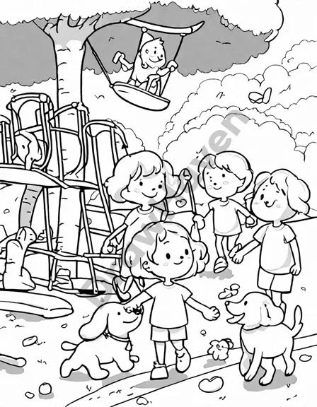 coloring page of children playing on playground with swings, slide, and hopscotch under a tree in black and white