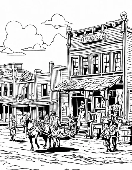 Coloring book image of old west town scene at high noon with cowboys, a cowgirl, and bustling main street activity in black and white