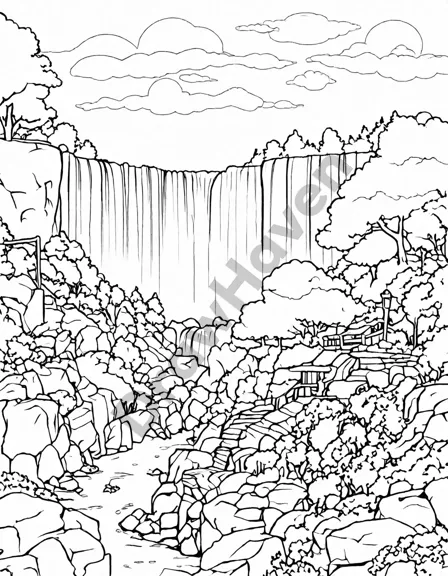 Coloring book image of majestic niagara falls roars over a rocky landscape, emerald green pool, rainbow arching across sky in black and white