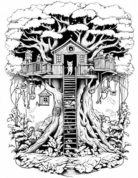 coloring page of treehouse detective agency headquarters in an enchanted forest with adventure clues in black and white