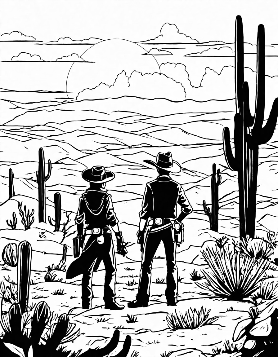 coloring book image of a cowboy duel at dawn in the wild west with cacti and mountains background in black and white