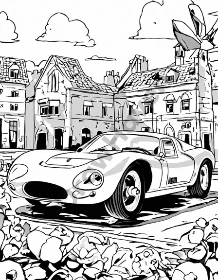 coloring book page of luxurious sports cars at the starting line, ready for high-speed elegance in black and white