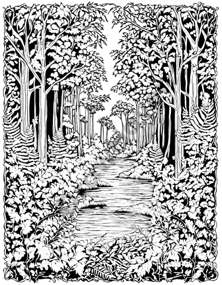 intricate forest coloring book image with detailed trees, ferns, and animals for stress relief coloring therapy in black and white