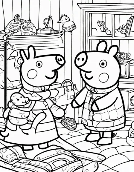 peppa and george having a sleepover with zoe zebra, coloring page in black and white