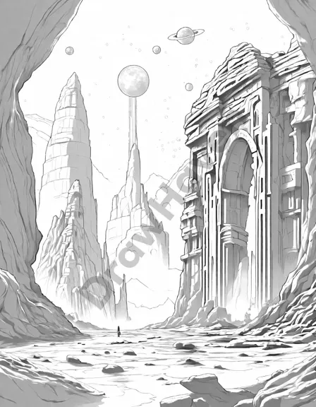 intricate coloring page of enigmatic alien ruins on mars with gravity-defying structures in black and white