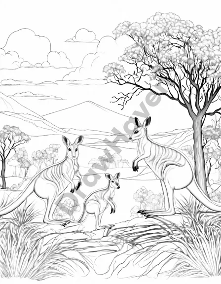 coloring book image of a kangaroo family hopping in the australian outback at dawn in black and white