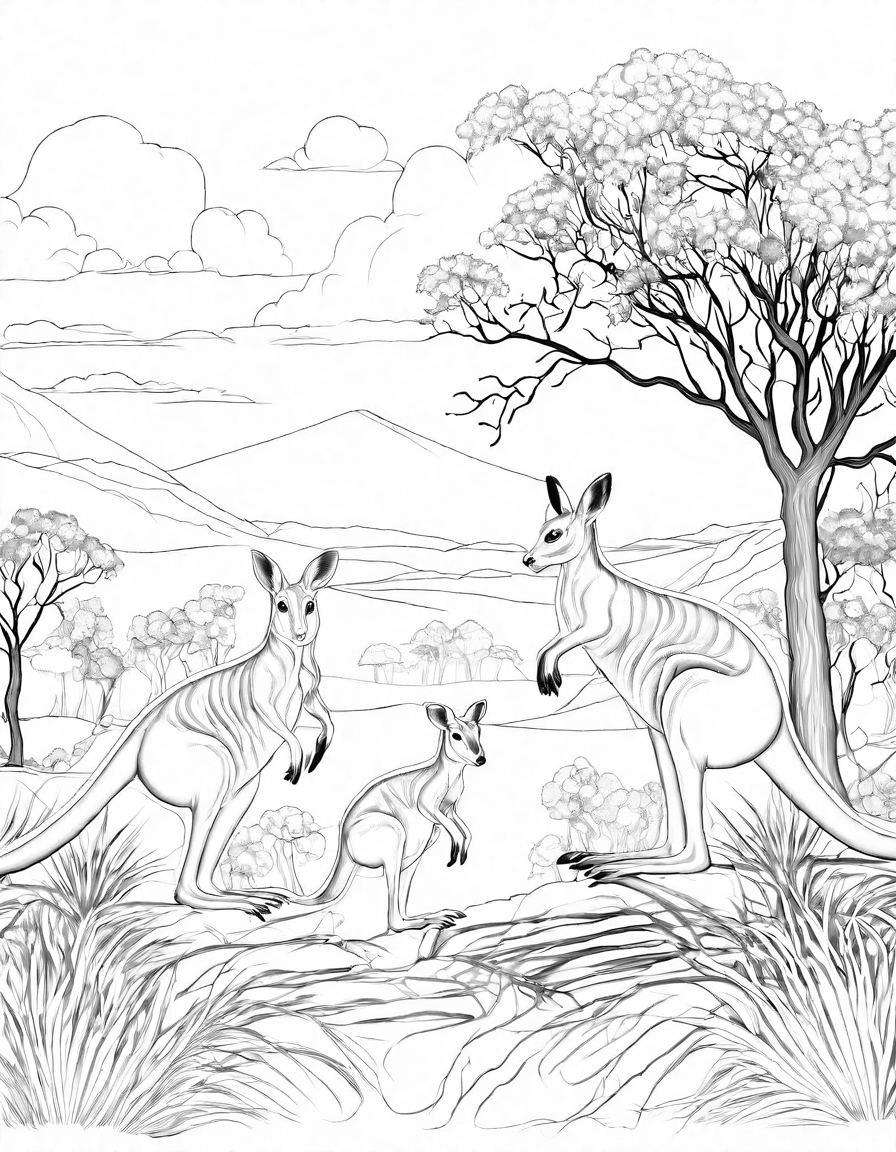 coloring book image of a kangaroo family hopping in the australian outback at dawn in black and white