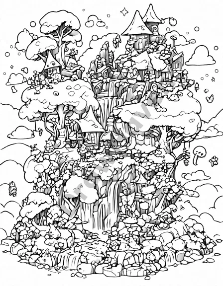 enormous giants and divine gods in a surreal landscape with floating islands and cascading waterfalls. a captivating coloring book page in black and white