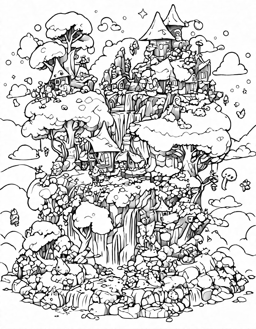 enormous giants and divine gods in a surreal landscape with floating islands and cascading waterfalls. a captivating coloring book page in black and white