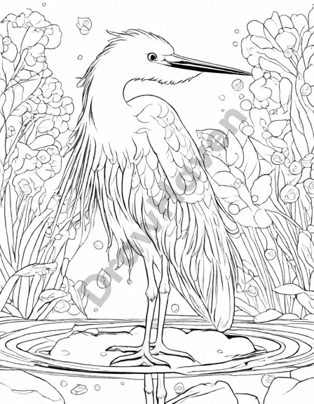 Coloring book image of snowy egret stands poised at the edge of the ice, long, delicate legs wading in icy waters in black and white