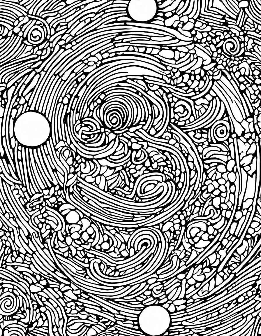 intricate coloring page, echoes of abstract thought, featuring flowing lines and blank spaces, inviting exploration and expression of inner emotions and ideas in black and white