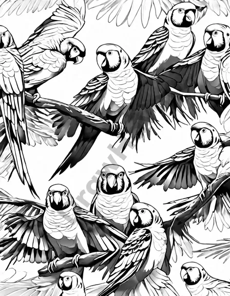 Coloring book image of birds in flight in vibrant colors, invites creativity to colorize the details of the birds and their graceful wings in black and white