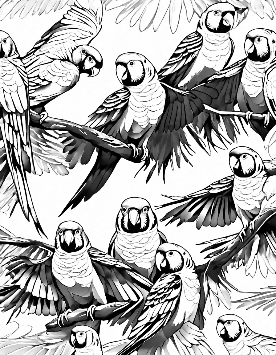 Coloring book image of birds in flight in vibrant colors, invites creativity to colorize the details of the birds and their graceful wings in black and white