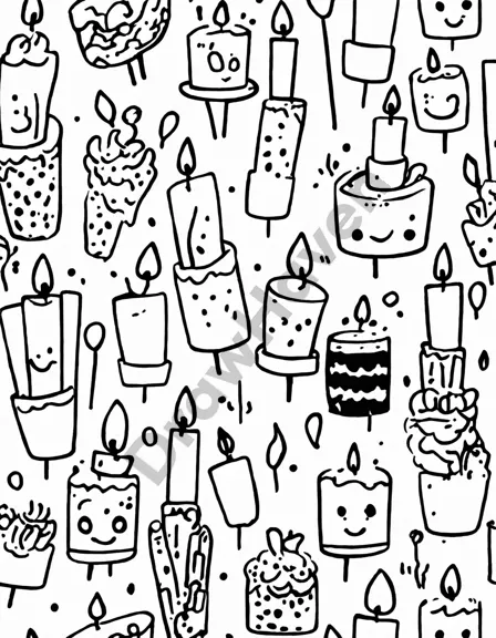 coloring page with various patterned birthday candles arranged in descending order for a fun countdown in black and white
