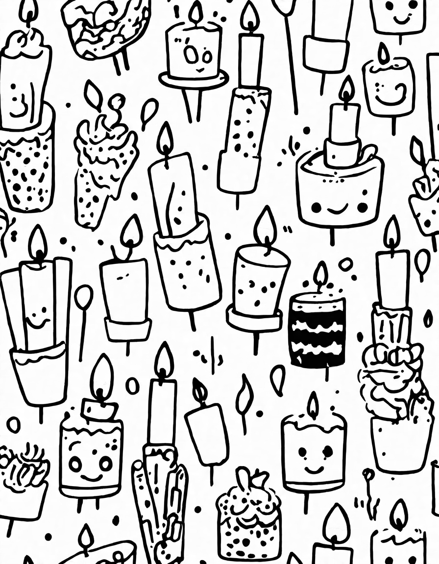 coloring page with various patterned birthday candles arranged in descending order for a fun countdown in black and white