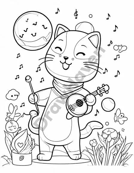 Coloring book image of whimsical illustration of the nursery rhyme with a fiddling cat, laughing dog, leaping cow, and the dish running with the spoon in black and white