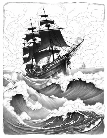 kraken emerging from stormy sea, lightning in the sky, ship in tentacles, coloring book page for artists to bring life to mythic battle in black and white