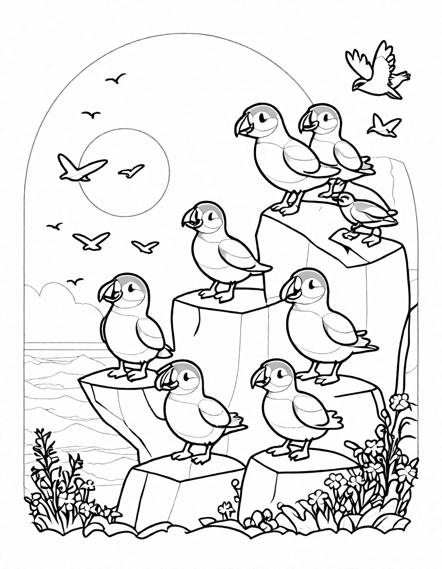 coloring page featuring playful puffins on a seaside cliff with lush greenery and ocean backdrop in black and white