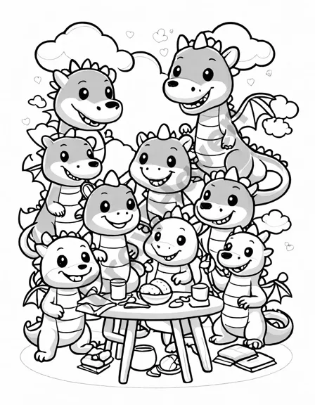 friendly dragons engaging in arts and crafts around a wooden table in a whimsical coloring page in black and white