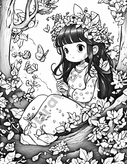mystical forest of elves coloring page with ancient trees, ethereal beings, and intricate leaves for color enthusiasts in black and white