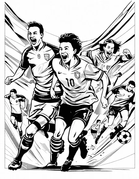 soccer player celebrating goal with teammates in a packed stadium coloring page in black and white