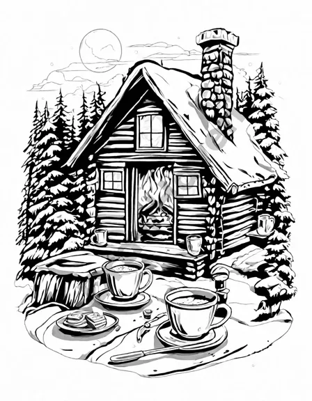 winter coloring book image featuring a cozy fireplace scene with hot cocoa and cider in black and white