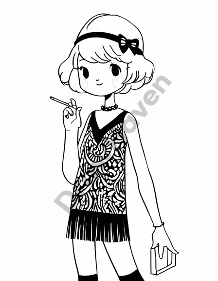flapper girl coloring page with 1920s fashion and art deco elements in black and white