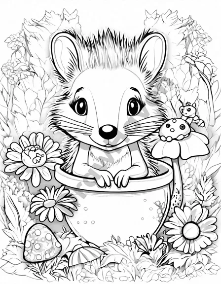 Coloring book image of fairy garden scene with squirrel, mouse, hedgehog, frog, and caterpillar in black and white