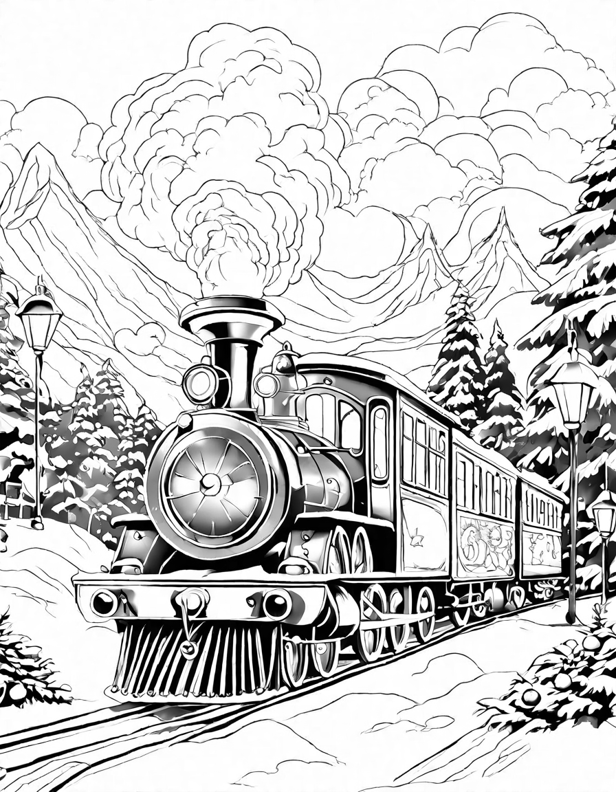 Coloring book image of vintage steam train with holiday decorations in a snowy landscape with a cozy village background in black and white