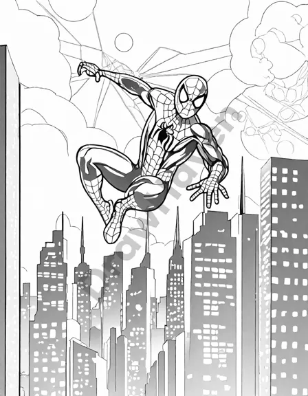 Coloring book image of iconic spider-man web-shooter signal in blue and red, symbolizing hope in black and white