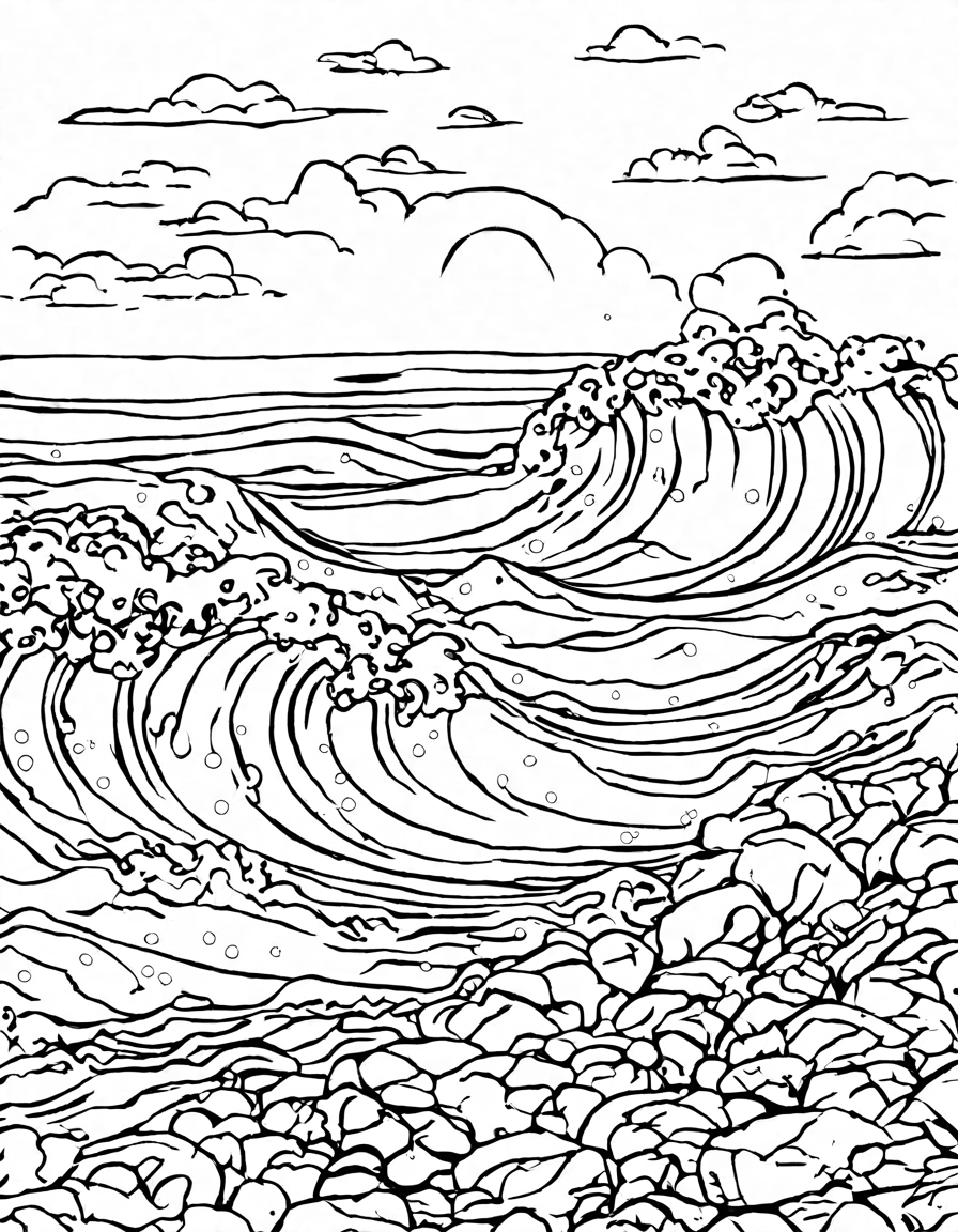 coloring page featuring relaxing waves of serenity with intricate ocean patterns for meditative calm in black and white